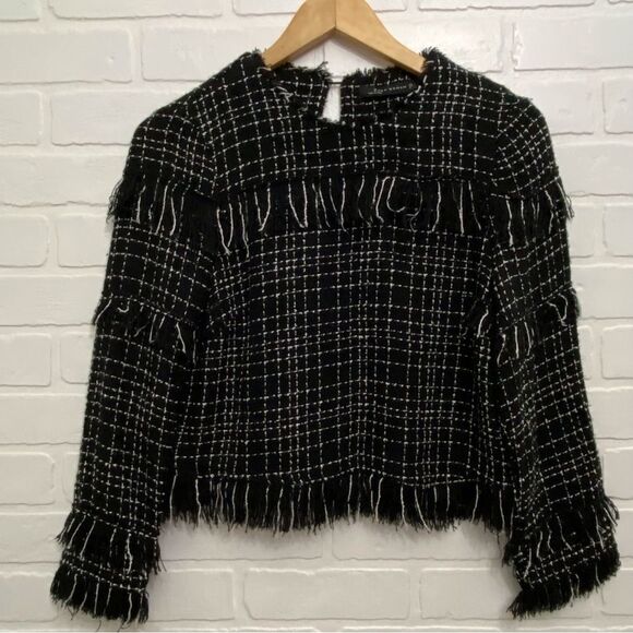 Zara Fringe Plaid Black White Top Western Chic Boho Academia Small office Siren - Picture 15 of 15